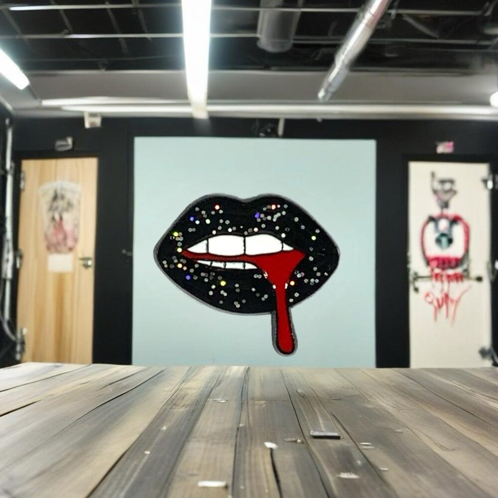NEW! Black Glitter Lips Blood Teeth Goth Enamel Pin Brooch